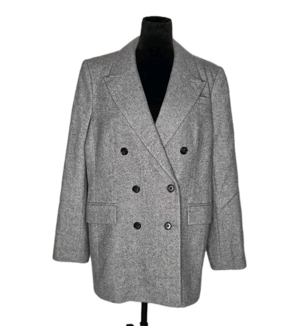 Banana Republic Gray Herringbone Wool Blend Double Breasted Car Coat Jacket 16